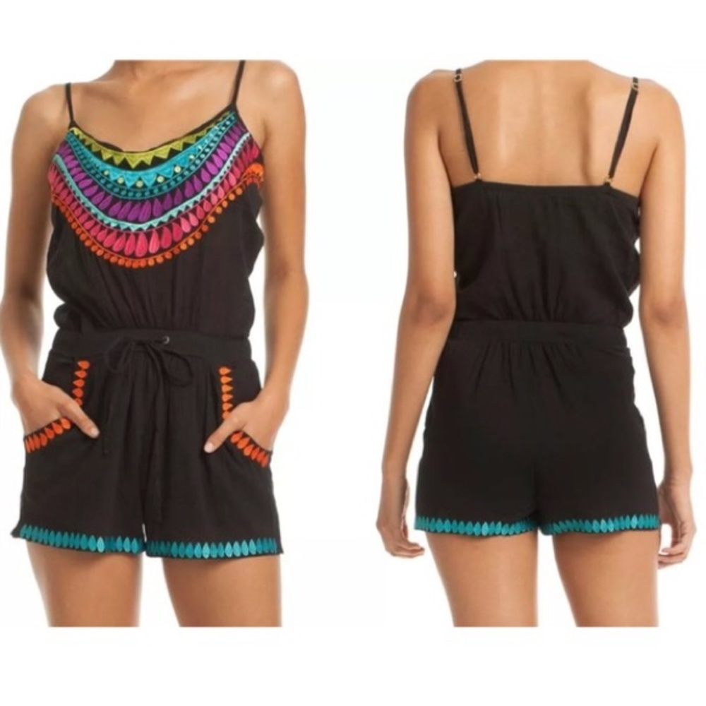 Trina Turk embroidered black Baja Romper (size M)